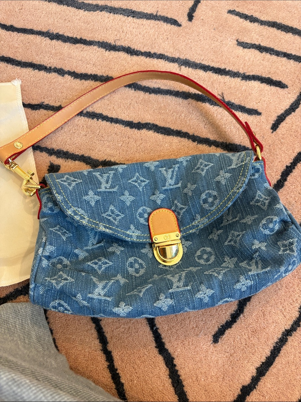 Louis Vuitton Blue Denim Monogram Shoulder Pochette with Red-Trim Strap